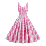 1950S Pink Retro Gingham Halter Belted Sleeveless Vintage Dress