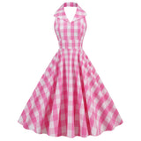 1950s Pink Retro Gingham Halter Neck Sleveless Vintage Dress