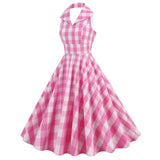 1950s Pink Retro Gingham Halter Neck Sleveless Vintage Dress