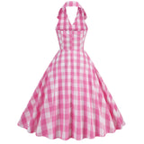 1950s Pink Retro Gingham Halter Neck Sleveless Vintage Dress