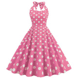 1950S Pink Retro Polka Dot Halter Belted Sleeveless Vintage Dress