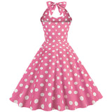 1950S Pink Retro Polka Dot Halter Belted Sleeveless Vintage Dress