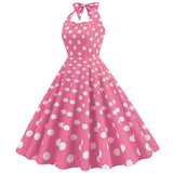1950S Pink Retro Polka Dot Halter Belted Sleeveless Vintage Dress