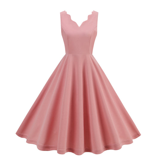 1950S Pink Scalloped Neck Sleeveless Vintage Dress