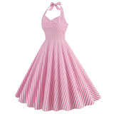 1950S Pink Striped Halter Neck Belted Vintage Dress