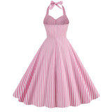 1950S Pink Striped Halter Neck Belted Vintage Dress