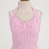 1950S Pink Striped Halter Neck Belted Vintage Dress