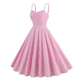 1950S Pink Striped Spaghetti Strap Sleeveless Vintage Dress