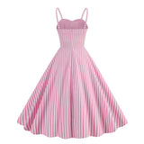 1950S Pink Striped Spaghetti Strap Sleeveless Vintage Dress