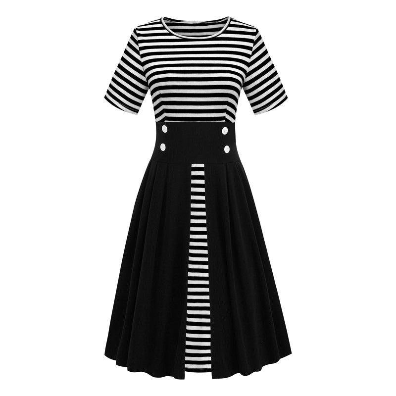1950S Red and White Striped Patchwork Button Detail Short Sleeve Vintage Dress