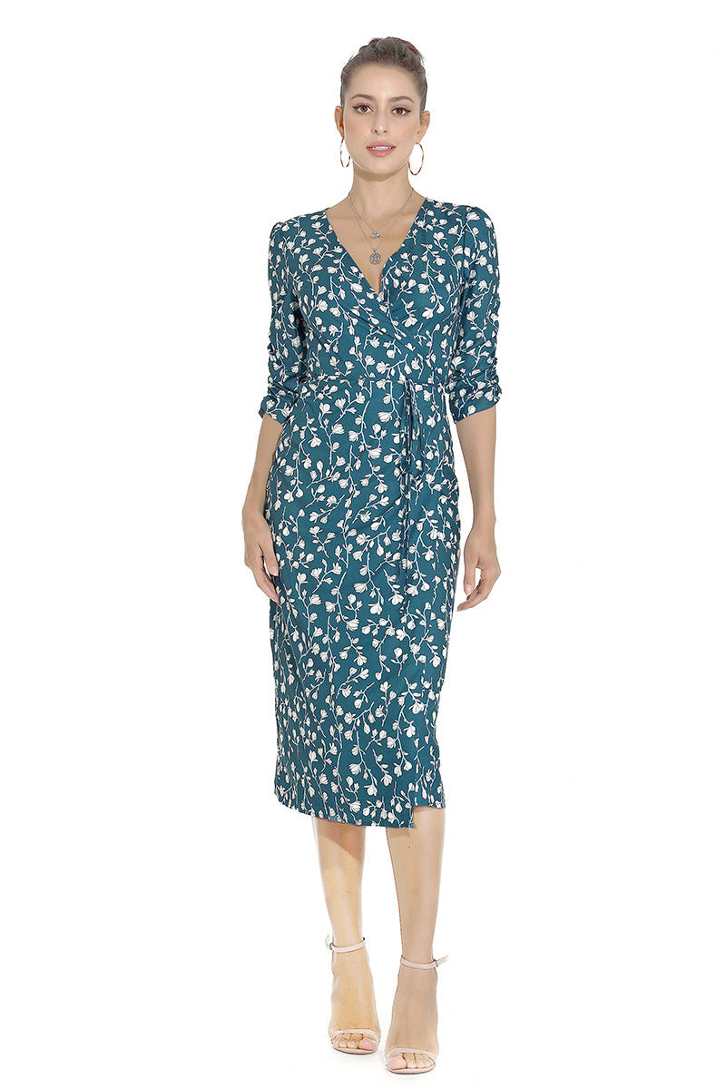 1950s Red Floral Print V-Neck Wrap Midi Dress with 3/4 Sleeves and Front Slit