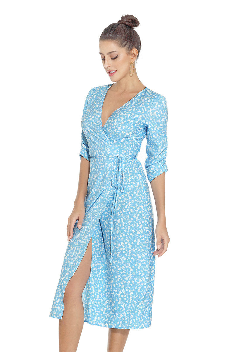 1950s Red Floral Print V-Neck Wrap Midi Dress with 3/4 Sleeves and Front Slit