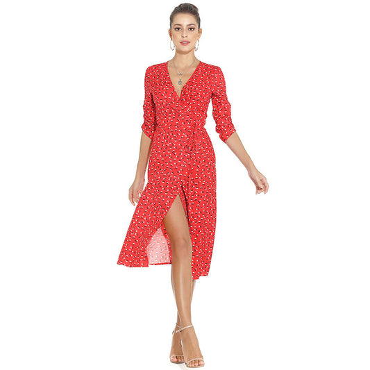 1950s Red Floral Print V-Neck Wrap Midi Dress with 3/4 Sleeves and Front Slit