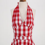 1950S Red Gingham Halter Neck Belted Vintage Dress