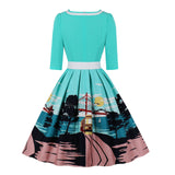 1950S Red London Print Belted 3/4 Sleeve Vintage Dress