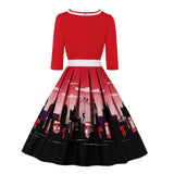 1950S Red London Print Belted 3/4 Sleeve Vintage Dress
