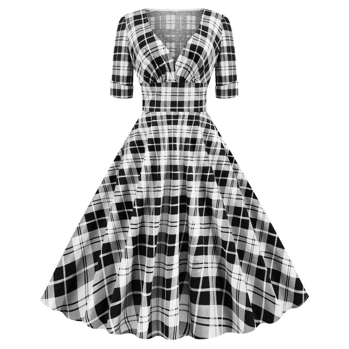 1950S Red Plaid V-Neck Belted Short Sleeve Vintage Dress