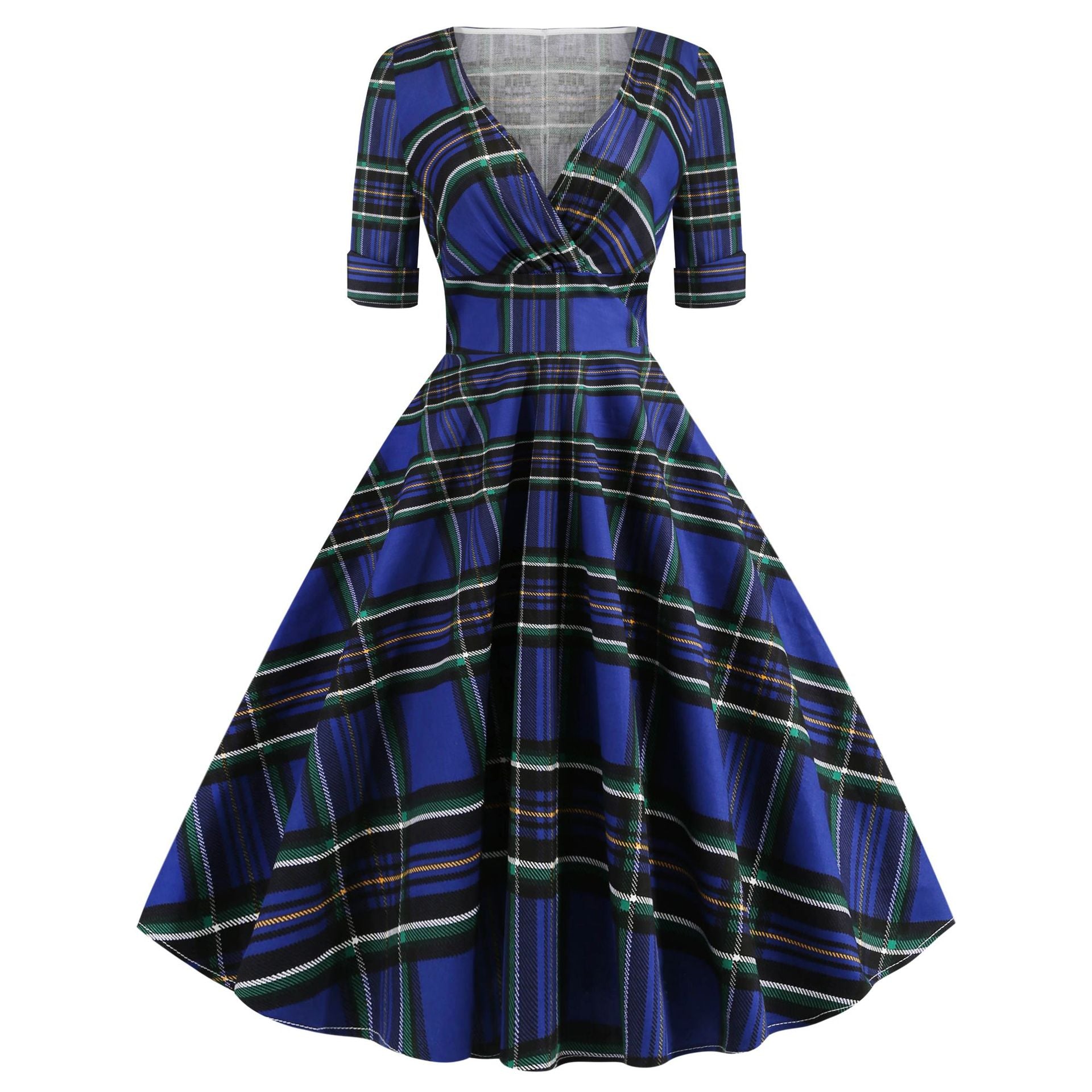 1950S Red Plaid V-Neck Belted Short Sleeve Vintage Dress
