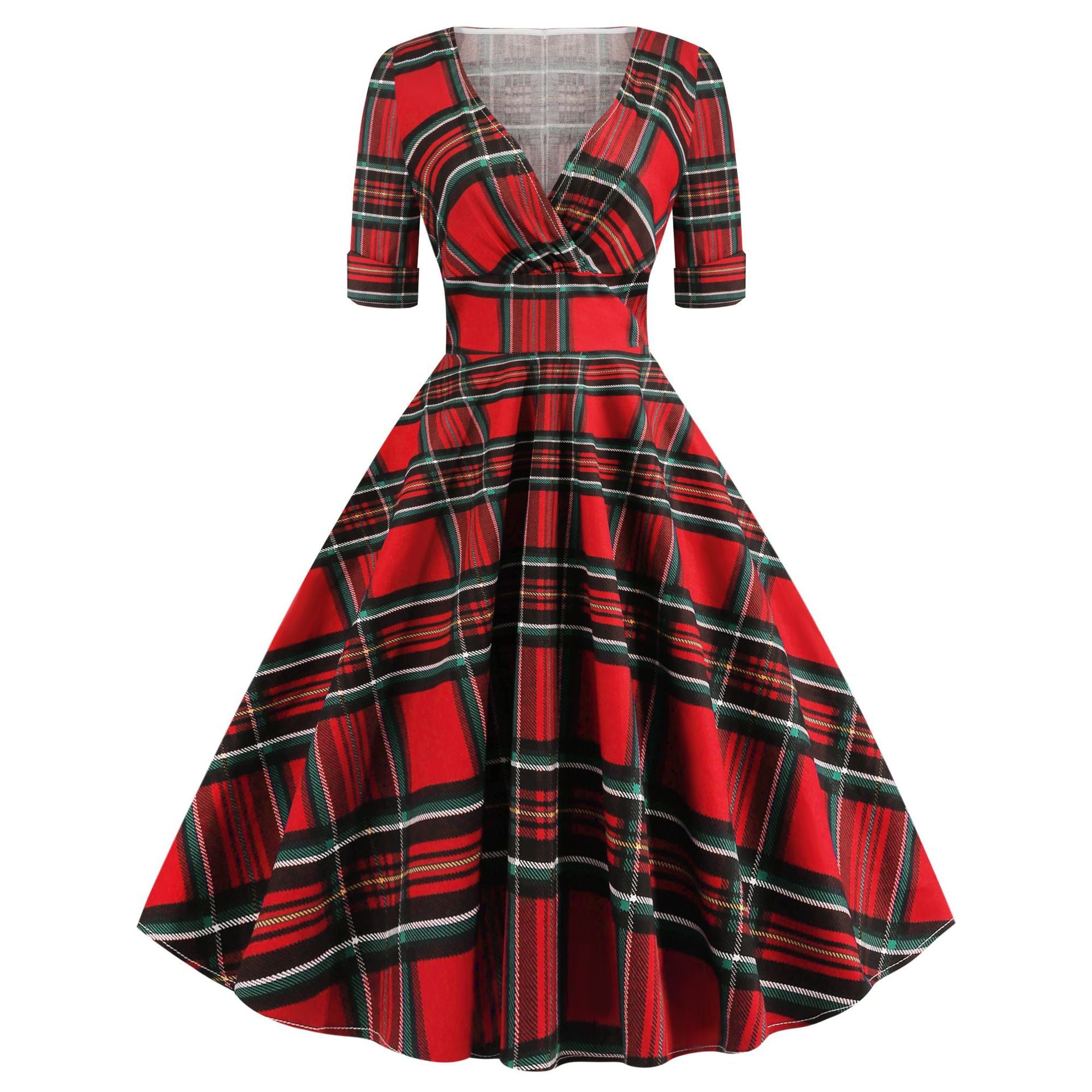 1950S Red Plaid V-Neck Belted Short Sleeve Vintage Dress