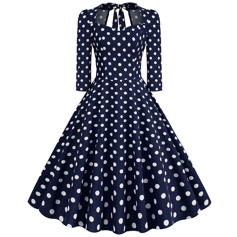 1950S Red Polka Dot Bow Tie Back 3/4 Sleeve Vintage Dress