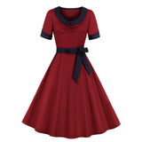 1950S Red Retro Belted Short Sleeve Vintage Dress