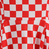 1950S Red Retro Checkered Patchwork Belted Short Sleeve Vintage Dress