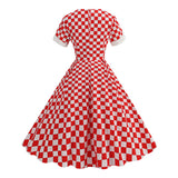 1950S Red Retro Checkered Patchwork Belted Short Sleeve Vintage Dress