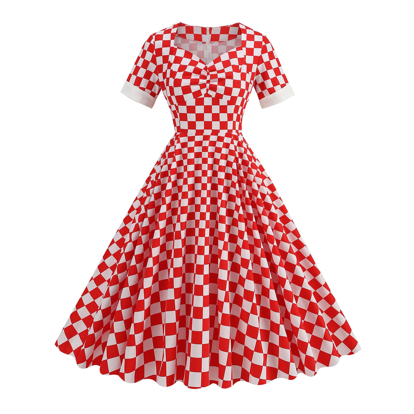 1950S Red Retro Checkered Patchwork Belted Short Sleeve Vintage Dress