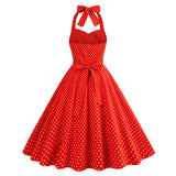 1950S Red Retro Polka Dot Halter Neck Vintage Dress