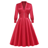 1950S Red Satin Buttoned Belted Long Sleeve Vintage Dress