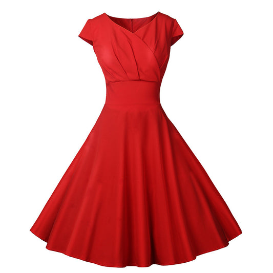 1950S Red Short Sleeve Wrap V-Neck Vintage Dress
