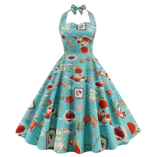 1950S Retro Halter Neck Floral Print Patchwork Belted Vintage Dress