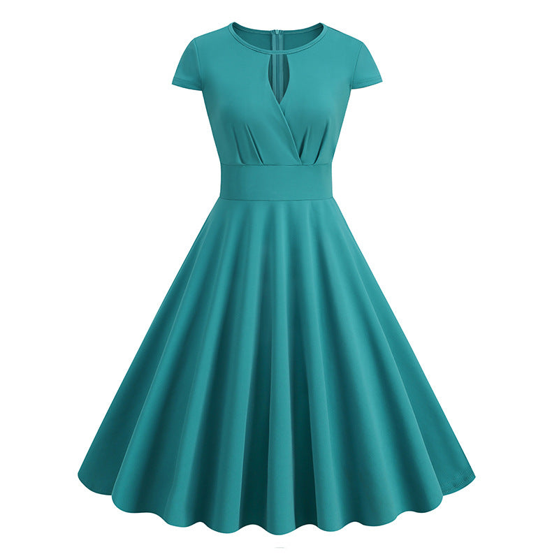 1950S Royal Blue Keyhole Neckline Short Sleeve Vintage Swing Dress