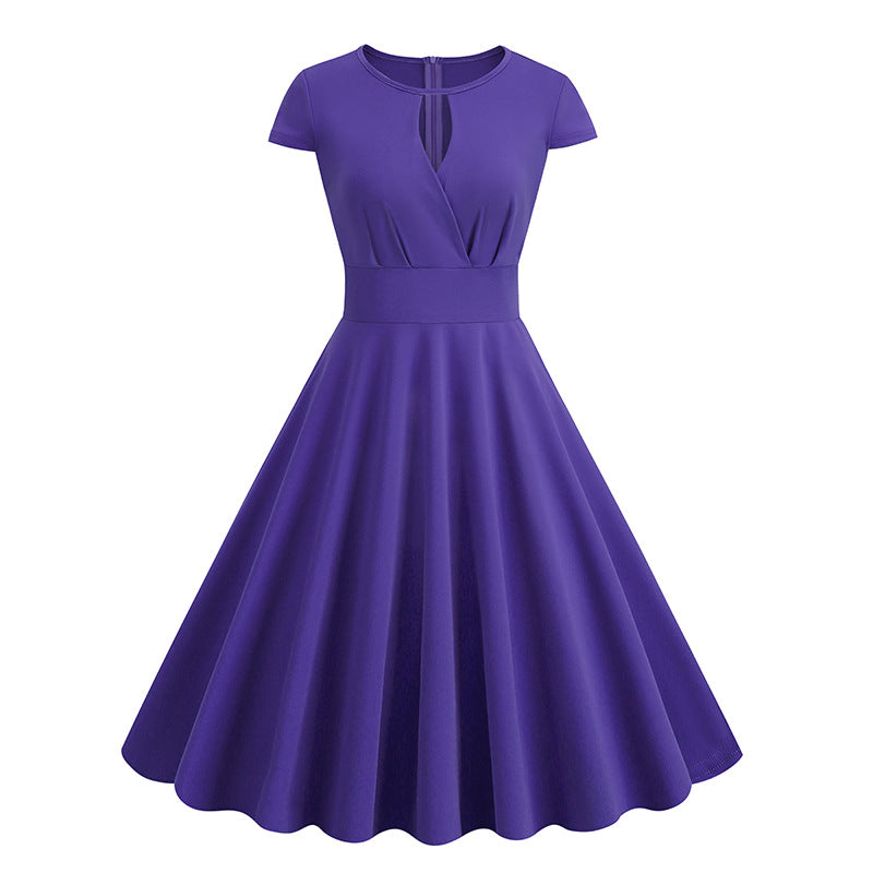 1950S Royal Blue Keyhole Neckline Short Sleeve Vintage Swing Dress