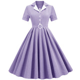 1950S Teal Retro Checkered Belted Short Sleeve Vintage Dress