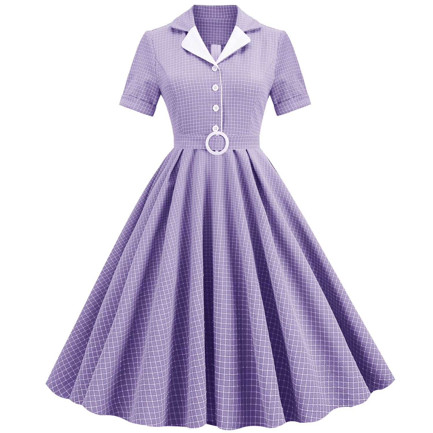1950S Teal Retro Checkered Belted Short Sleeve Vintage Dress