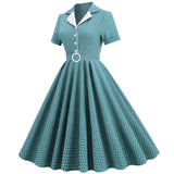 1950S Teal Retro Checkered Belted Short Sleeve Vintage Dress