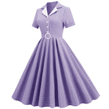 1950S Teal Retro Checkered Belted Short Sleeve Vintage Dress