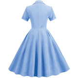 1950S Teal Retro Checkered Belted Short Sleeve Vintage Dress