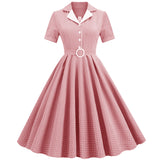 1950S Teal Retro Checkered Belted Short Sleeve Vintage Dress