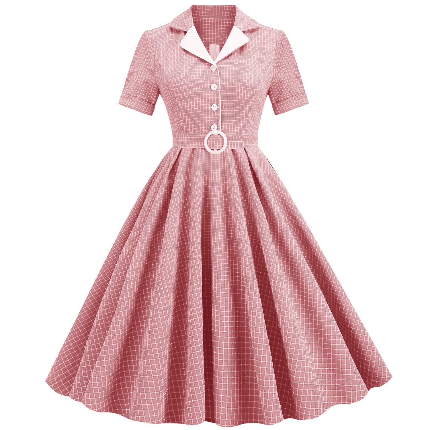 1950S Teal Retro Checkered Belted Short Sleeve Vintage Dress