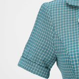 1950S Teal Retro Checkered Belted Short Sleeve Vintage Dress
