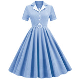 1950S Teal Retro Checkered Belted Short Sleeve Vintage Dress