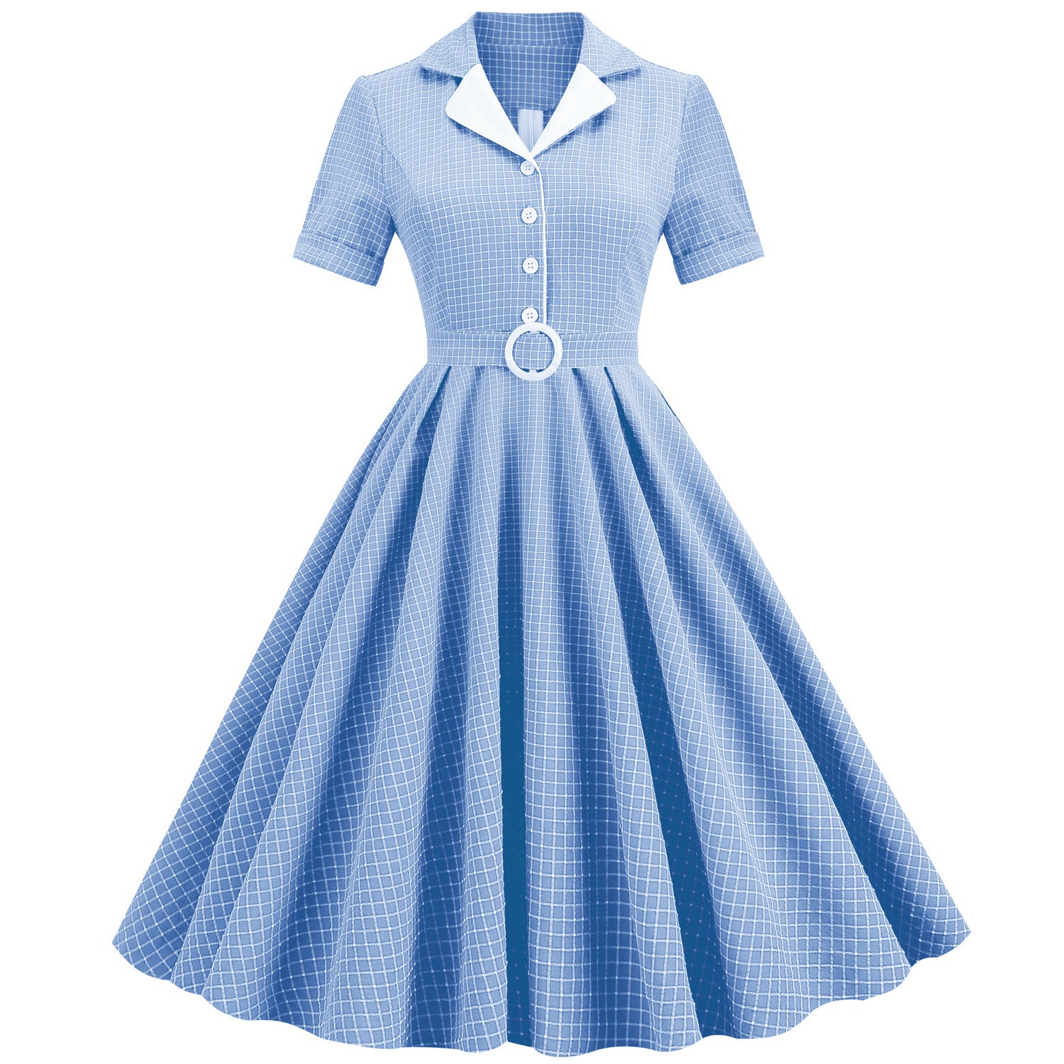 1950S Teal Retro Checkered Belted Short Sleeve Vintage Dress
