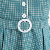 1950S Teal Retro Checkered Belted Short Sleeve Vintage Dress