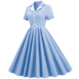 1950S Teal Retro Checkered Belted Short Sleeve Vintage Dress