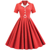 1950S Teal Retro Checkered Belted Short Sleeve Vintage Dress