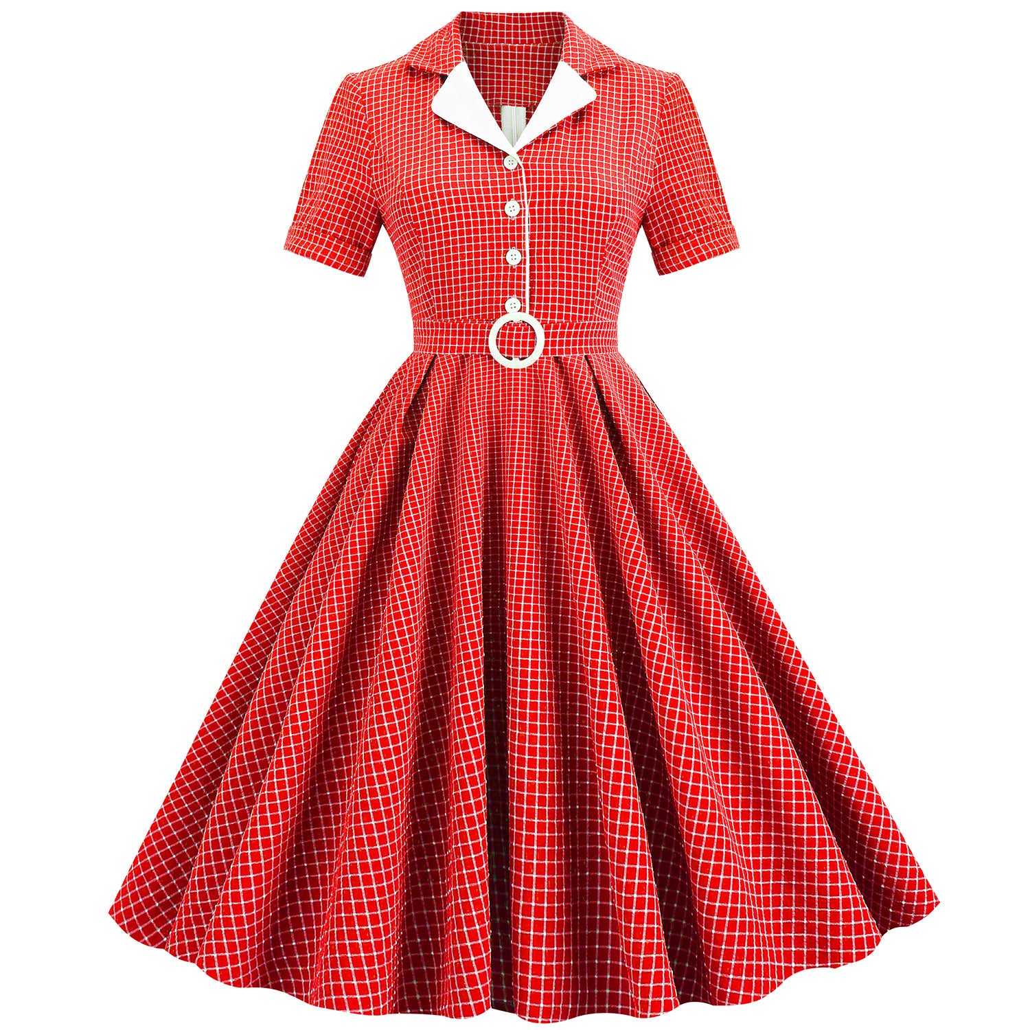 1950S Teal Retro Checkered Belted Short Sleeve Vintage Dress