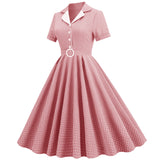 1950S Teal Retro Checkered Belted Short Sleeve Vintage Dress