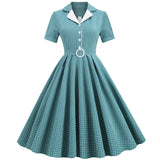 1950S Teal Retro Checkered Belted Short Sleeve Vintage Dress
